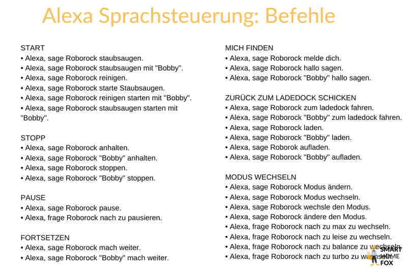 Übersicht der Alexa Sprachbefehle des Roborock Q Revo ist zu sehen.
